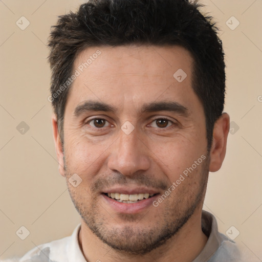 Joyful white young-adult male with short  black hair and brown eyes