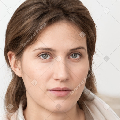 Neutral white young-adult female with medium  brown hair and grey eyes