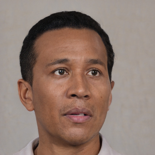 Neutral black adult male with short  black hair and brown eyes