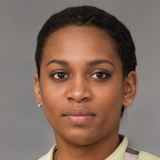 Neutral latino young-adult female with short  brown hair and brown eyes