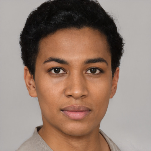 Neutral latino young-adult female with short  black hair and brown eyes