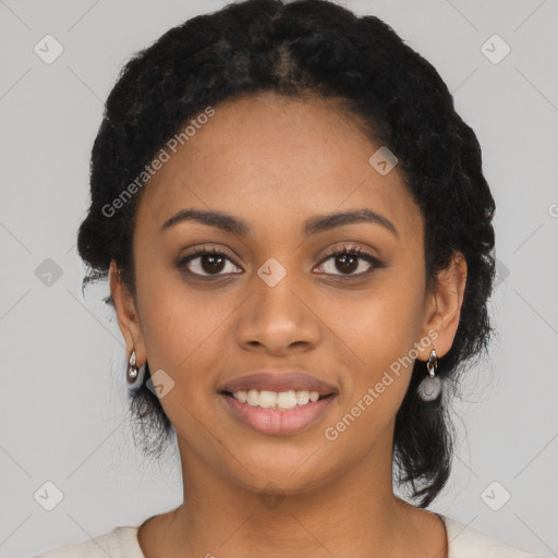 Joyful latino young-adult female with short  black hair and brown eyes