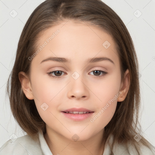 Joyful white child female with medium  brown hair and brown eyes