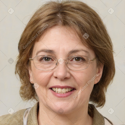 Joyful white adult female with medium  brown hair and blue eyes