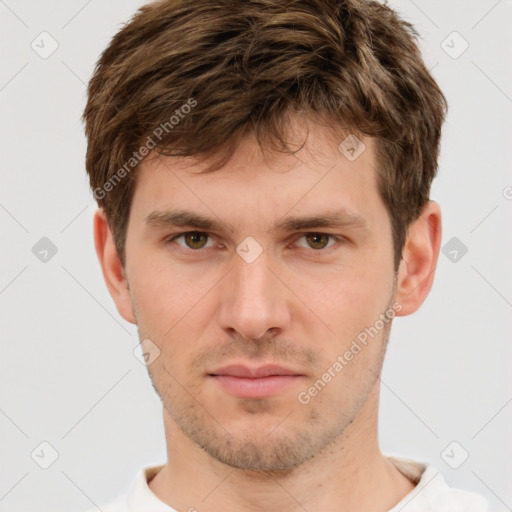 Neutral white young-adult male with short  brown hair and brown eyes