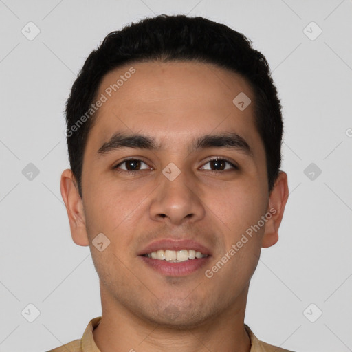 Joyful latino young-adult male with short  brown hair and brown eyes