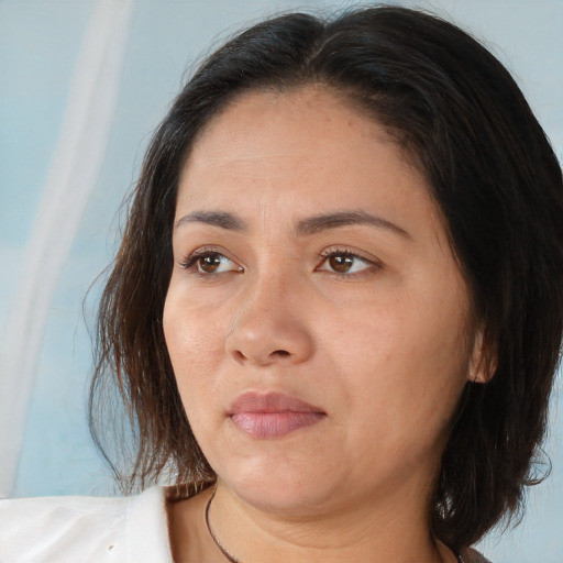 Neutral white adult female with medium  brown hair and brown eyes