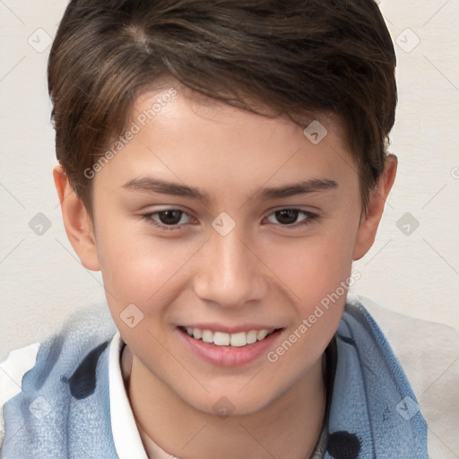 Joyful white child male with short  brown hair and brown eyes