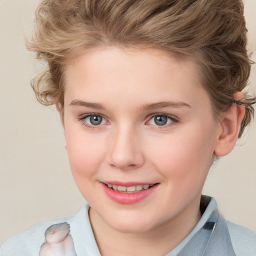 Joyful white child female with short  brown hair and grey eyes