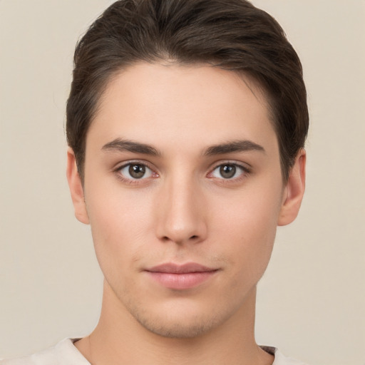 Neutral white young-adult male with short  brown hair and brown eyes