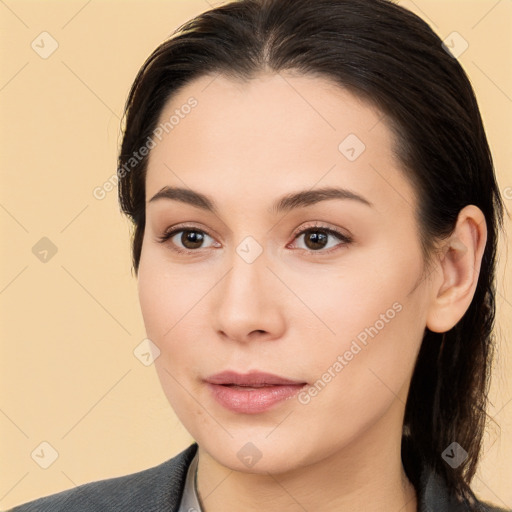 Neutral white young-adult female with medium  brown hair and brown eyes