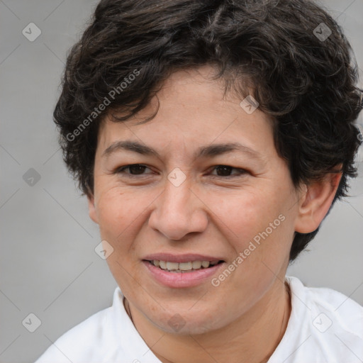 Joyful white adult female with short  brown hair and brown eyes