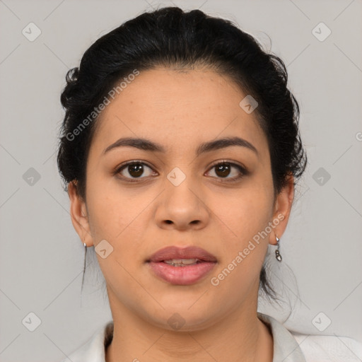 Joyful latino young-adult female with short  black hair and brown eyes