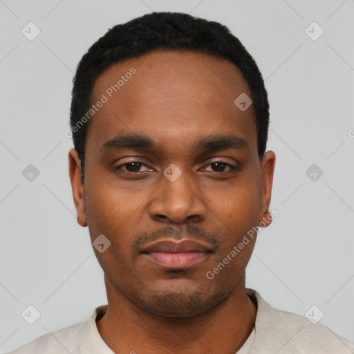 Neutral latino young-adult male with short  black hair and brown eyes