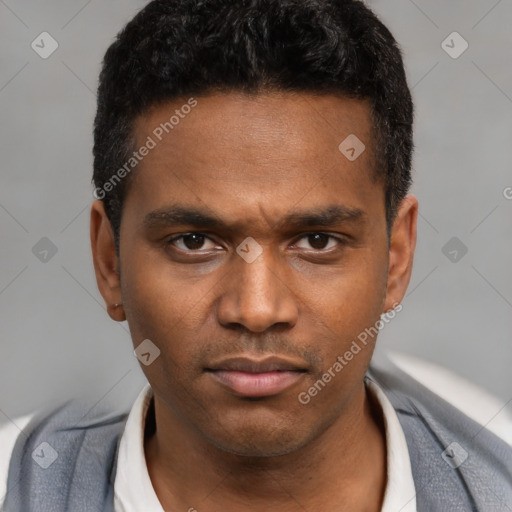 Neutral latino young-adult male with short  black hair and brown eyes