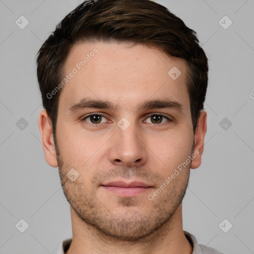 Neutral white young-adult male with short  brown hair and brown eyes