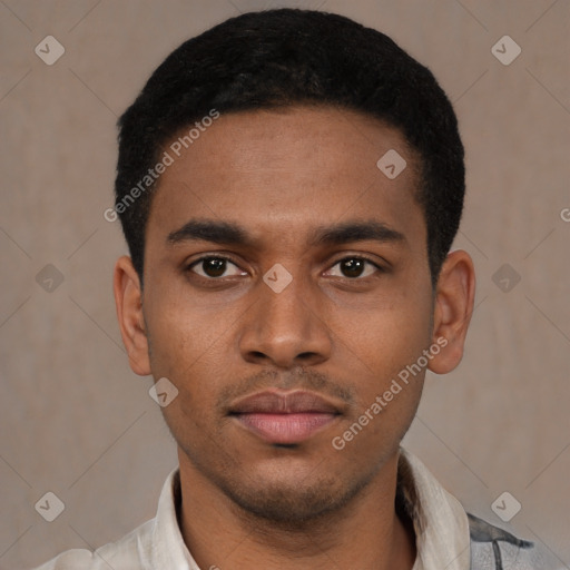 Neutral latino young-adult male with short  black hair and brown eyes