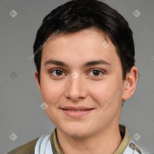 Joyful white young-adult female with short  brown hair and brown eyes