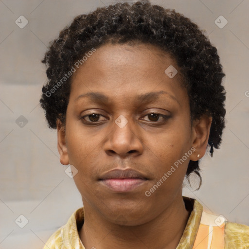 Neutral black young-adult female with short  brown hair and brown eyes