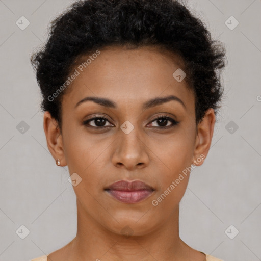 Neutral black young-adult female with short  brown hair and brown eyes