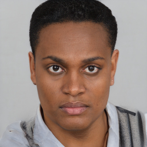 Neutral black young-adult female with short  brown hair and brown eyes