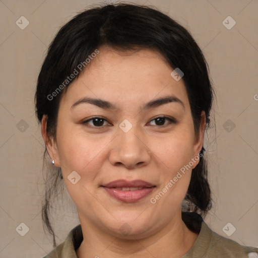 Joyful white adult female with medium  brown hair and brown eyes