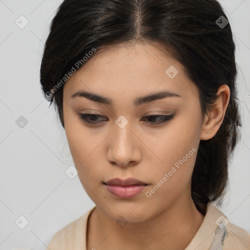 Neutral asian young-adult female with medium  brown hair and brown eyes