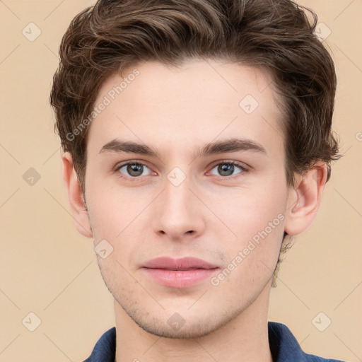 Neutral white young-adult male with short  brown hair and brown eyes