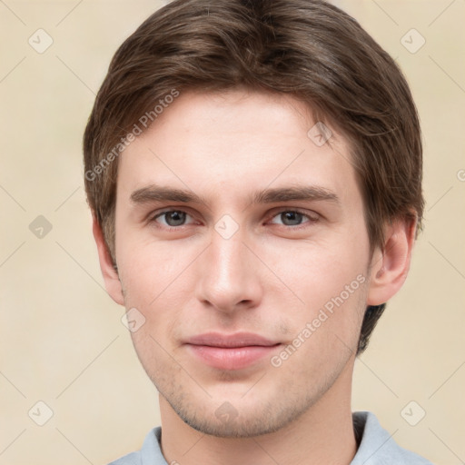 Neutral white young-adult male with short  brown hair and grey eyes