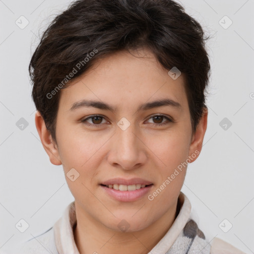 Joyful white young-adult female with short  brown hair and brown eyes