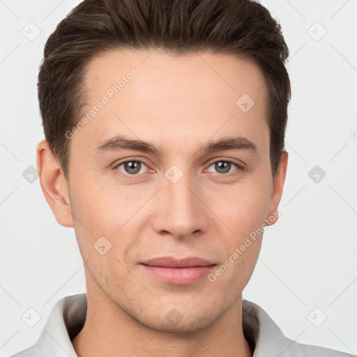 Neutral white young-adult male with short  brown hair and brown eyes