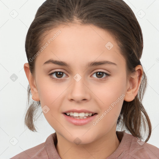 Joyful white child female with medium  brown hair and brown eyes