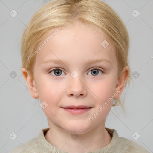 Joyful white child female with medium  brown hair and grey eyes