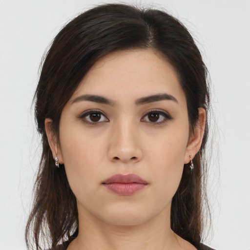 Neutral asian young-adult female with long  brown hair and brown eyes