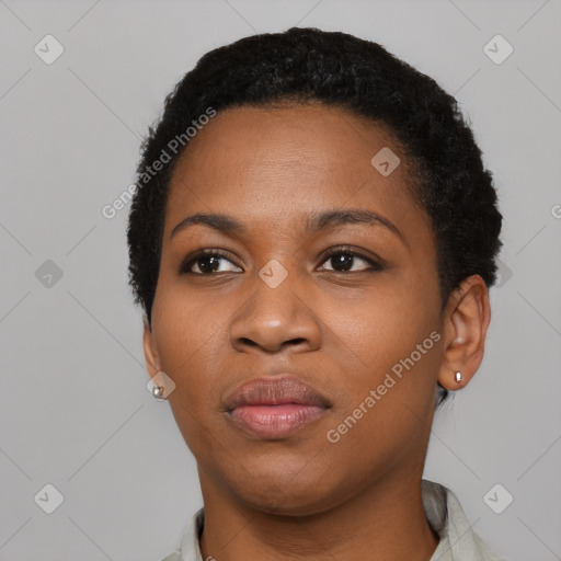 Neutral black young-adult female with short  black hair and brown eyes