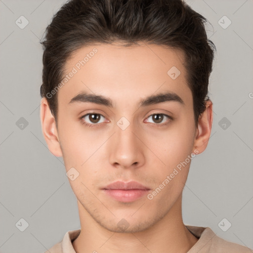 Neutral white young-adult male with short  brown hair and brown eyes