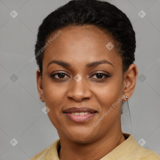 Joyful latino young-adult female with short  black hair and brown eyes