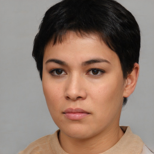 Neutral asian young-adult female with short  brown hair and brown eyes