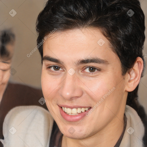 Joyful white young-adult male with medium  brown hair and brown eyes