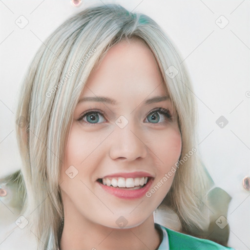 Joyful white young-adult female with medium  blond hair and blue eyes