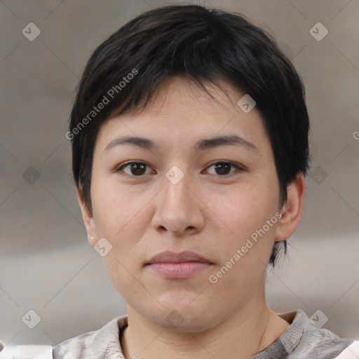 Neutral asian young-adult female with short  black hair and brown eyes