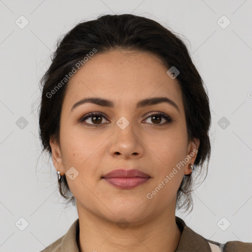 Joyful latino young-adult female with medium  brown hair and brown eyes