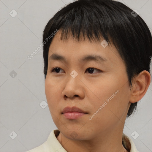 Neutral asian young-adult male with short  black hair and brown eyes