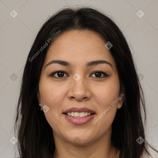 Joyful latino young-adult female with long  brown hair and brown eyes