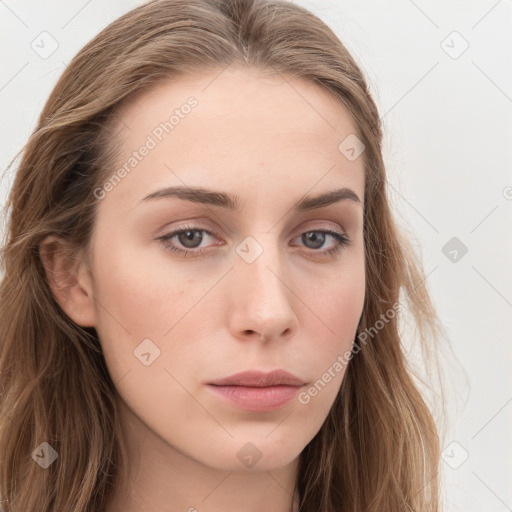 Neutral white young-adult female with long  brown hair and blue eyes