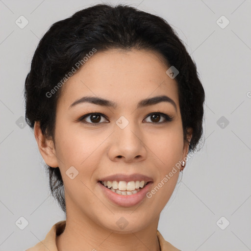 Joyful latino young-adult female with short  brown hair and brown eyes