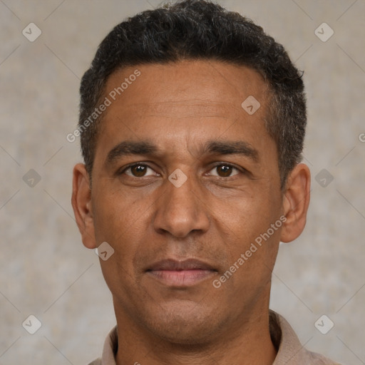 Neutral white adult male with short  black hair and brown eyes
