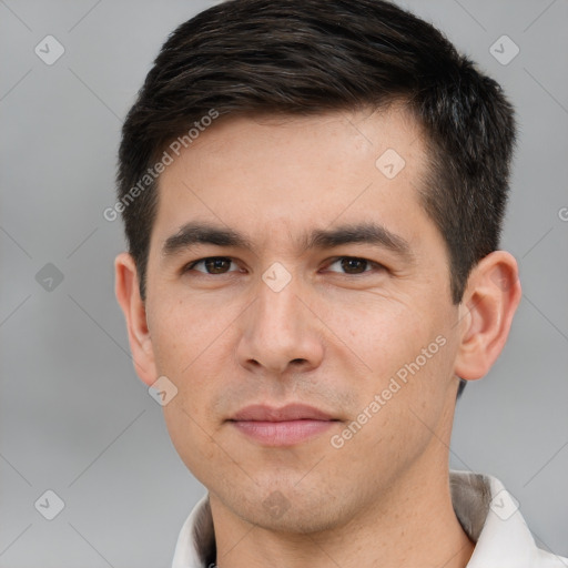 Neutral white young-adult male with short  brown hair and brown eyes