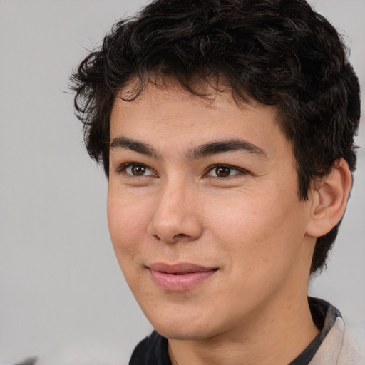 Joyful white young-adult male with medium  brown hair and brown eyes