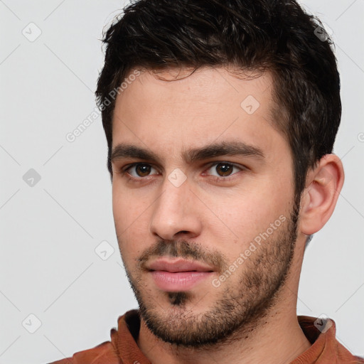 Neutral white young-adult male with short  brown hair and brown eyes